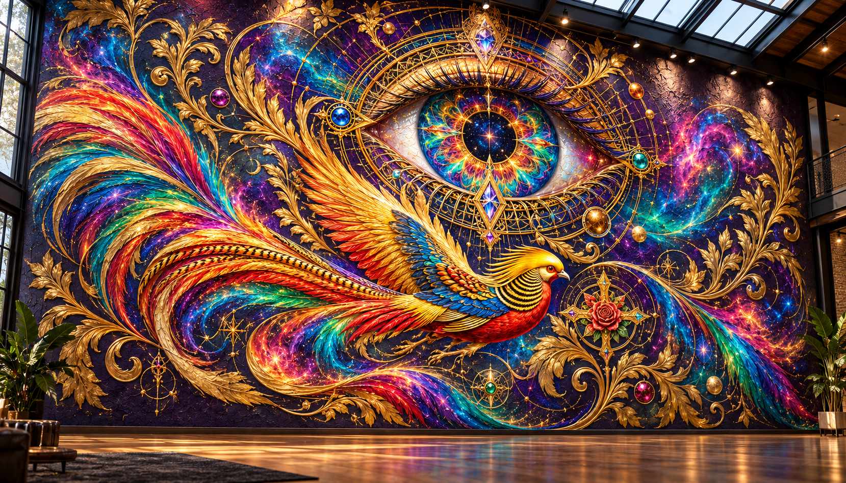 Generated VORATH × GPP mural concept with a rainbow golden pheasant beneath a jeweled cosmic eye, framed by gold botanical ornament
